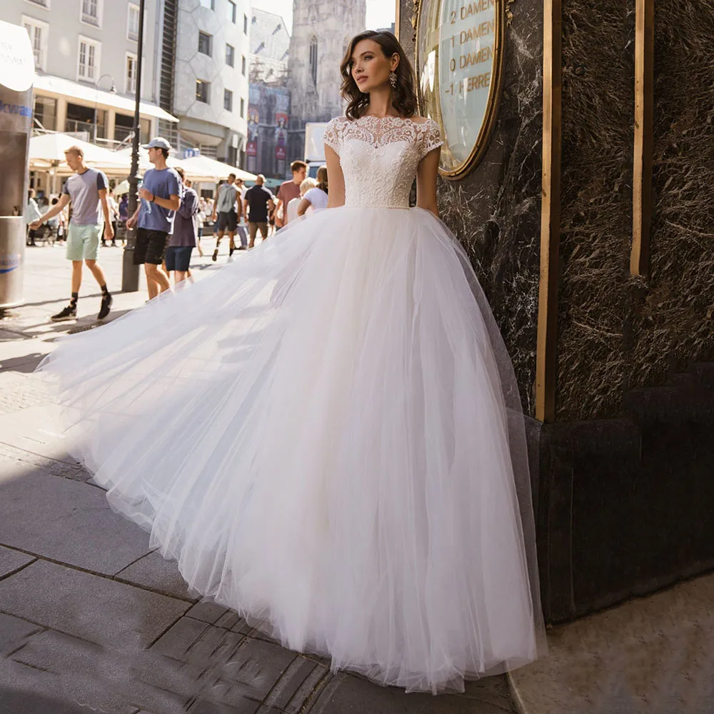 

Princess Wedding Dress 2022 Short Sleeves Boat Lace Aline Wedding Gowns Custom Made Pregnant Bridal Dress Tulle Vestido De Novia