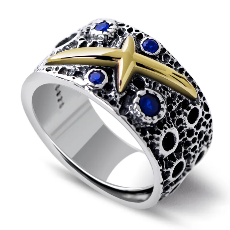 

S925 Silver Star Blue Men and Women Ring, Silver Star Couple Ring, Golden Star Opening Adjustable Ring
