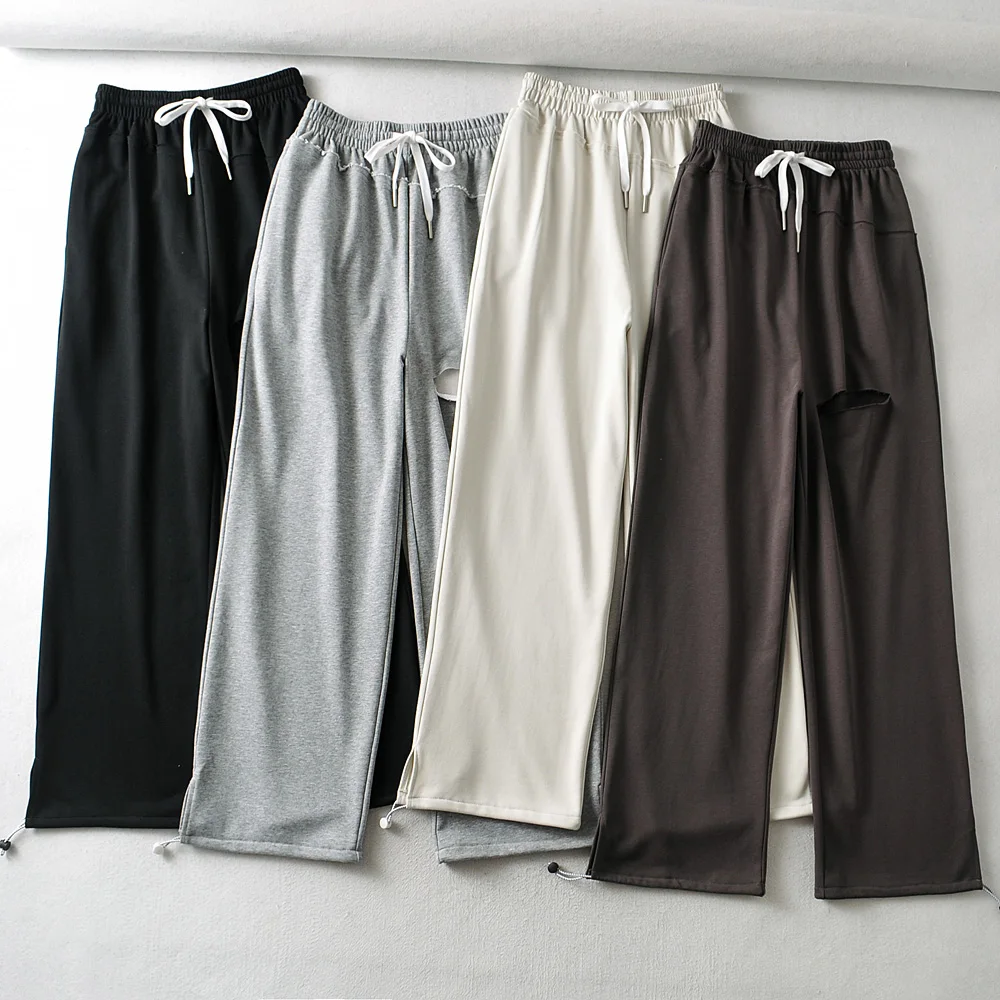 

Уличная одежда Женская Повседневная Свободная одежда с высокой талией простые длинные широкие брюки с завязками и дырками