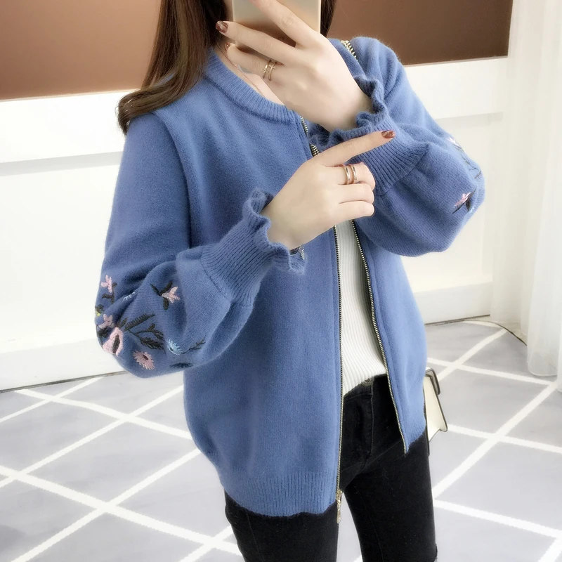 Jumper 2019 Autumn Outfit Sleeve Knit Cardigan Embroidered Lotus Leaf Loose Women's Clothing Han Edition Zipper Sweater Coat |
