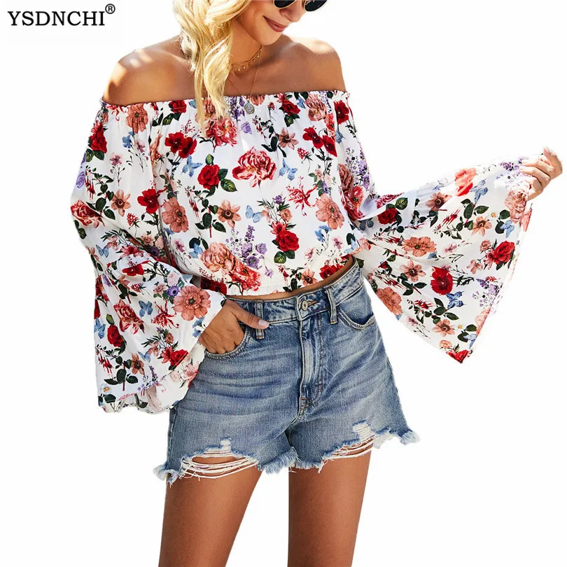 

YSDNCHI Sexy Off Shoulder Blouse Printing Shirt Sleeve Vintage Chiffon Tops Street Wearings Women Summer Blouses New Elegant