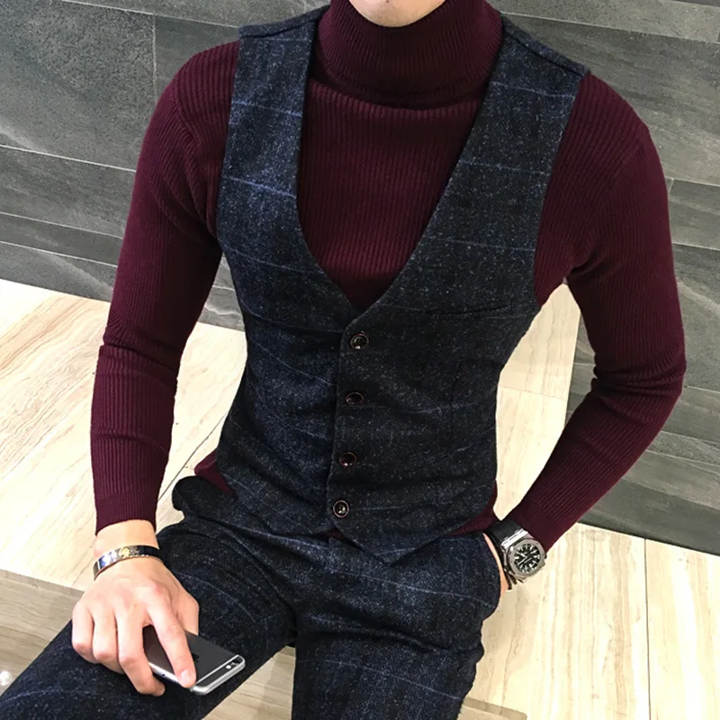 

Quality Thick New Men Vest Winter Woolen Fashion Plaid Vest Men Formal Dress Suit Vest Slim Fit Waistcoat Gilet Plus Size Colete