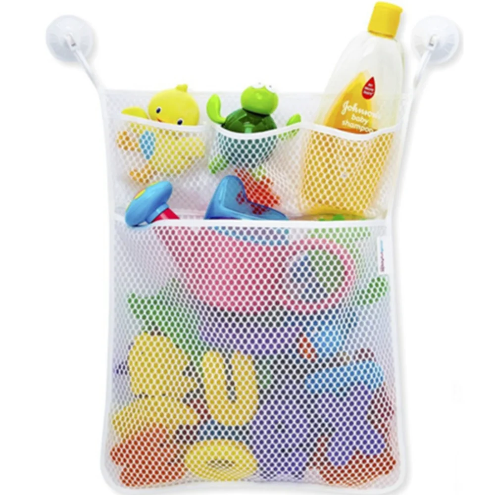 

New Kids Bath Toy Organiser Suction Cup Suspended Baskets for Children Baby Water Boys Girls Mesh Net Storage Bags White 45*35cm