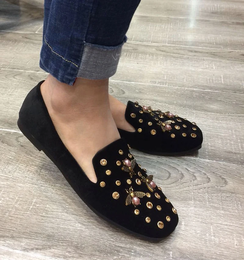 Фитнес Diamond Rhinestone Черный Кристалл Квадратный Toe Bee Дамы Красивые Квартиры Обувь Китайские Мокасины Весна Осень Замша Женщины