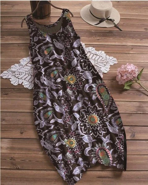 

Women Summer Leisure Hot Sale Holiday Print Round Neck Cuihua Sleeveless Dress Basic Pendulum Type Casual Medium Length Skirt