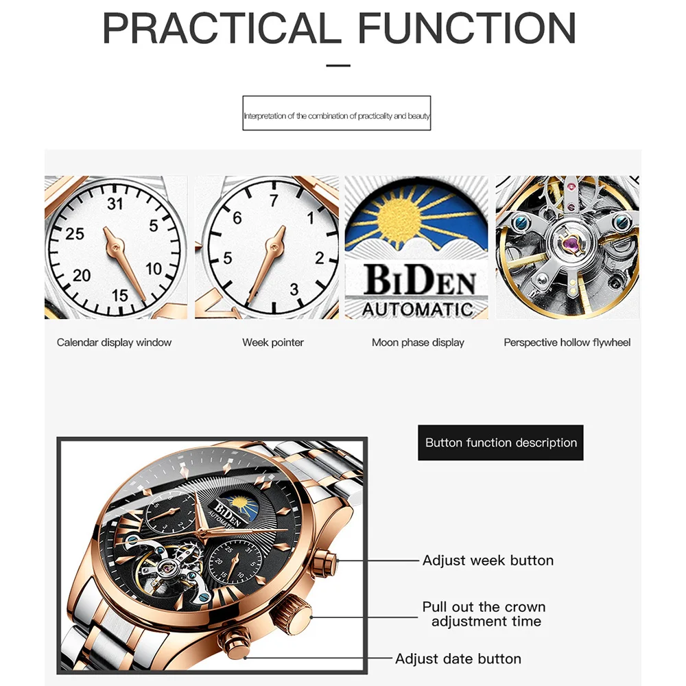 Мужские часы автоматические механические мужские золотые черные деловые