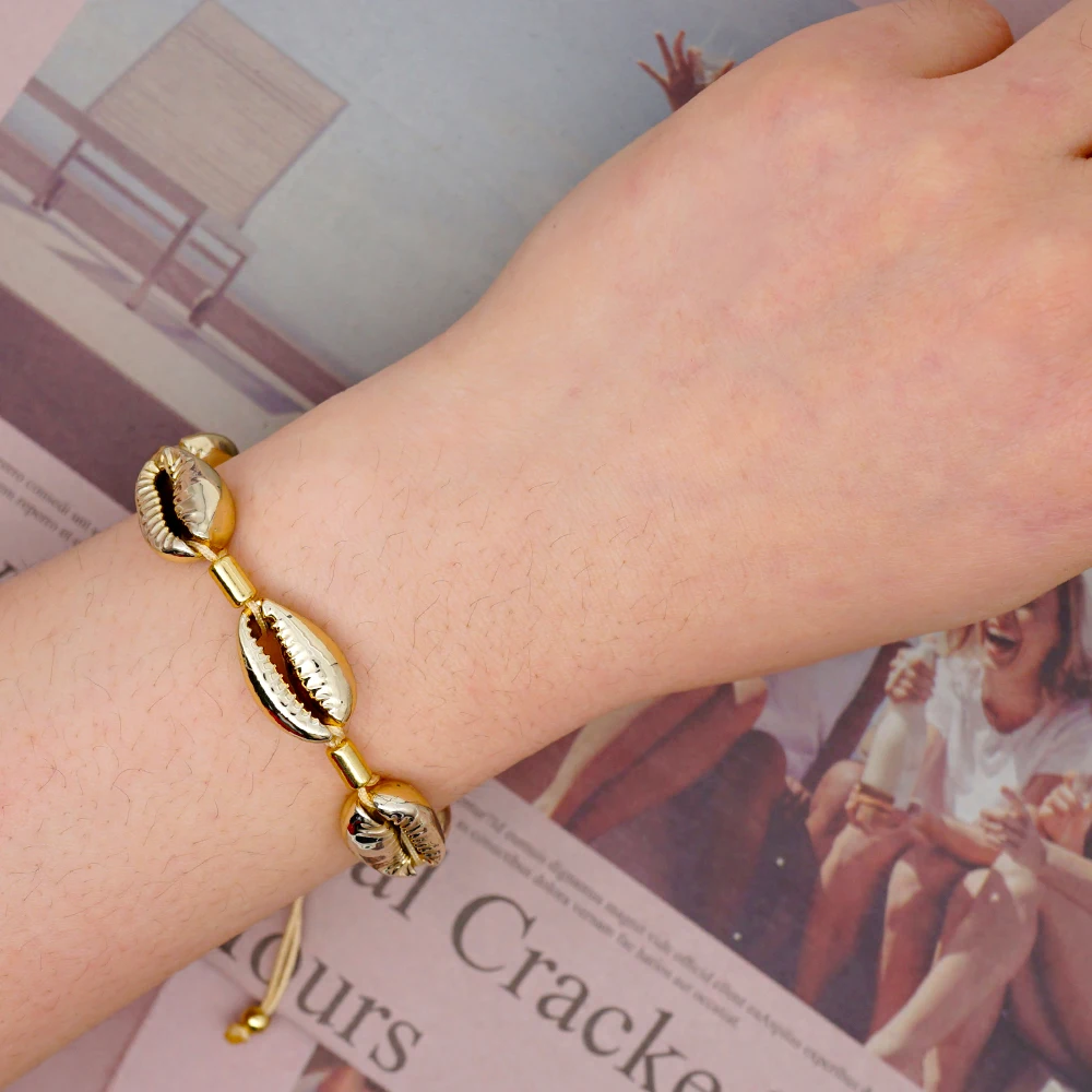 

Shinus Gold Color Bracelet 2020 Sea Shell Summer Beach Enamel Tube Beads Joyeria Fashion Adjustable String Handmade Jewelry