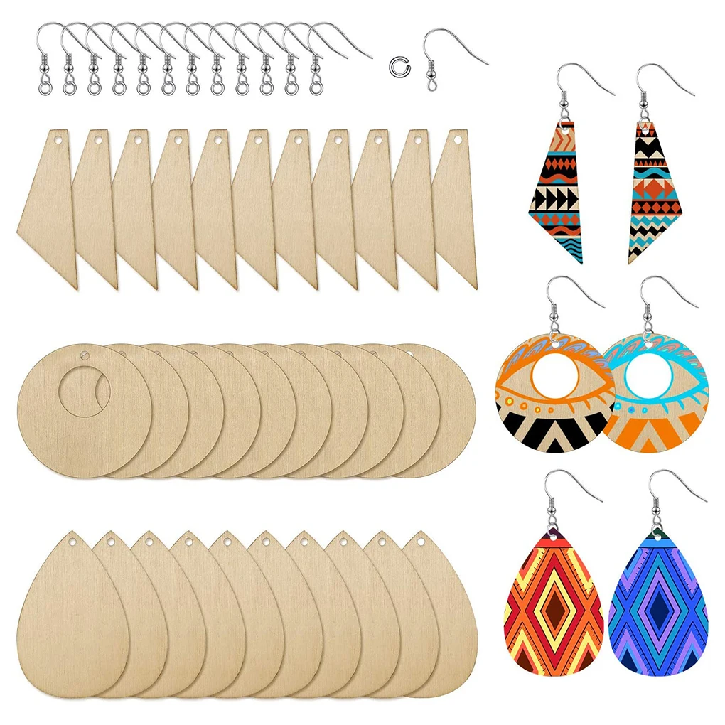

Wood Earring Pendant Set Accessories Jewelry Making European Style Decoration DIY Gift Smooth Unfinished With Hooks Rings Crafts