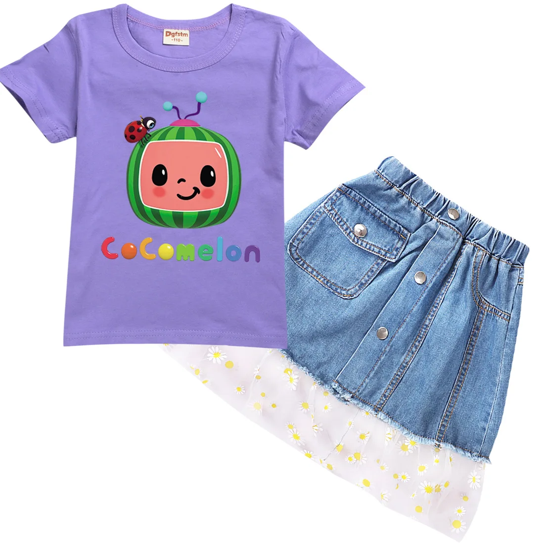 

2-14Y 2021 Summer Toddler Girls Clothing Sets Kids Cocomelon T Shirt Jeans Skirt 2pcs Sets Children's Clothing Boutique Outifts