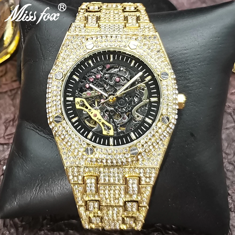 

MISSFOX Tourbillon Automatic Men Watches Luxury Full Diamond 18K Gold Men Wristwatch Hip Hop Ice Out Skeleton Mechanical Watches