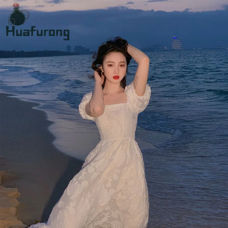 

White Jacquard Long Beach Dress Female Summer 2021 New Puff Sleeve Sweet Chiffon Dress For Women Long Hem