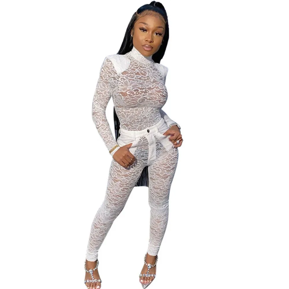 

Black White Floral Lace Two Piece Set Top and Pants Women Festival Clothing See Through Sexy Party Club Outfits Matching Sets