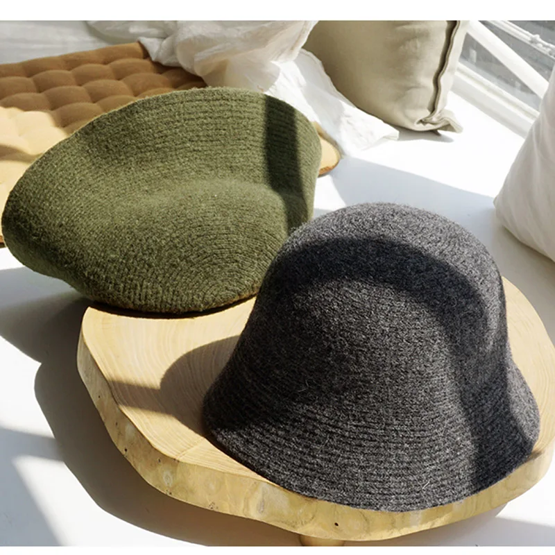 

Hot Solid Color Wool Bucket Hat Women Autumn Winter Fisherman Vintage Knitting Basin Cap Denim Bucket Caps Bucket Hats Designer