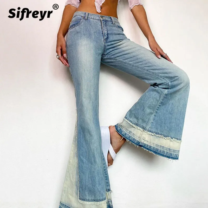 

Sifreyr Fashion Blue Flare Jeans Women 90s Vintage High Waist Fairy Grunge Pants Casual Streetwear Y2k Patchwork Denim Trousers