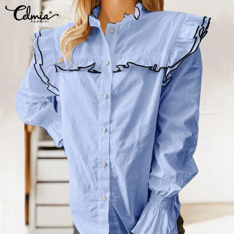 

Celmia Women Ruffled Shirts 2021 Autumn Fashion Long Sleeve Stand Collor Elegant Office Tops Buttons Casual Loose Work Blusas
