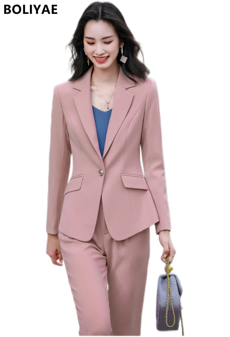 Boliyae Spring Autumn Professional Trouser Suits Office Business Formal Blazers Women Pink Elegant Stylish Pant Suits for Women