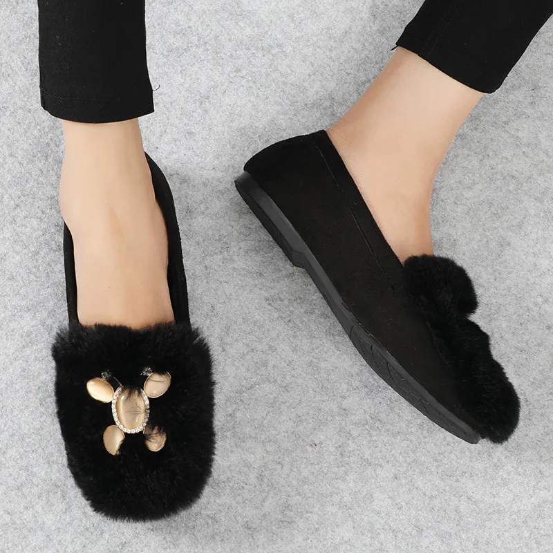 MVVJKErabbit fur shoes Women's Ballet flock strass oversized winter slippers Slip on women's sandals shoesE064 | Обувь