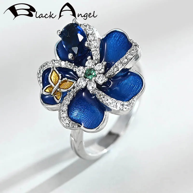 

BLACK ANGEL Handmade Blue Enamel Plum Blossom Cute Butterfly 925 Silver Citrine Gemstone Finger Rings For Women Fashion Jewelry