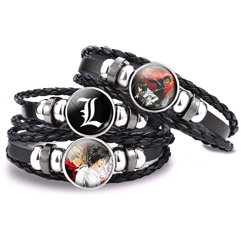 

Fashion Accessories Game Badge Black Button Leather Bracelet Note L Anime Glass Dome for Women Men Jewelry Gift