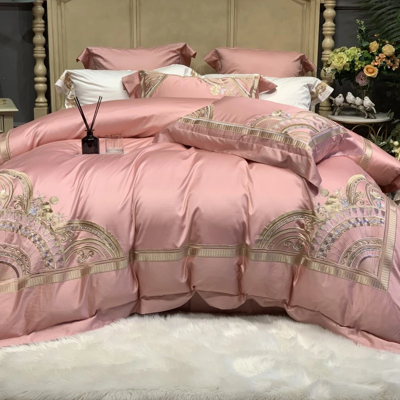 

Luxury Pink Champagne Egyptian Cotton Embroidery Bedding Set Soft Silky Queen King Size Duvet Cover Bed Sheet Pillowcases 4Pcs