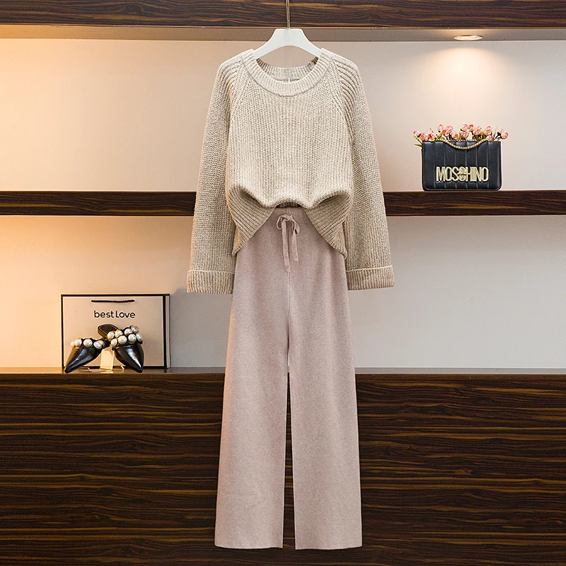

Winter Women's Knitted Two-piece Fashion Sweater Loose Long-sleeved Sweater + Slim And Versatile Casual Straight Trousers