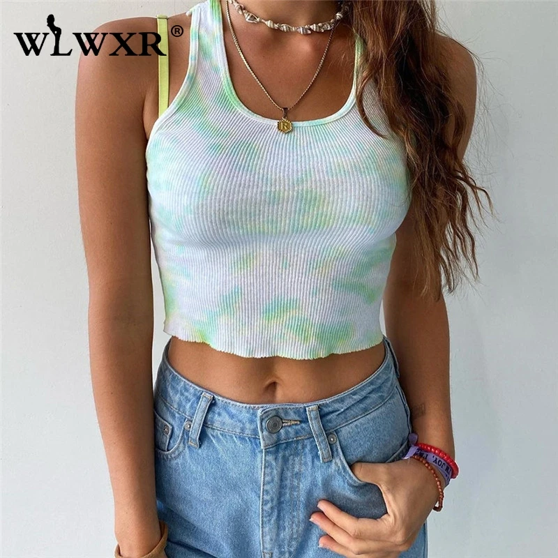 WLWXR зеленый Повседневный ребристый вязаный летний укороченный топ женская