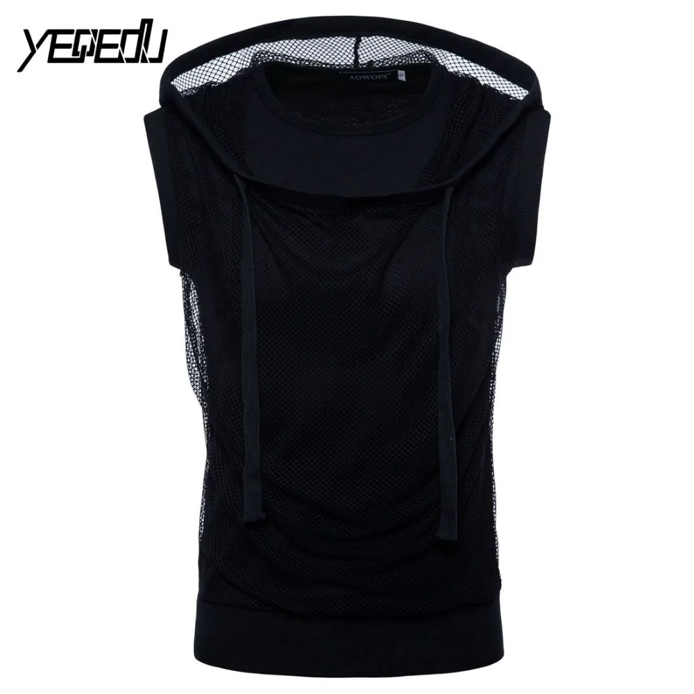 #4105 летняя футболка без рукавов для мужчин черная/белая Сетчатая с капюшоном в