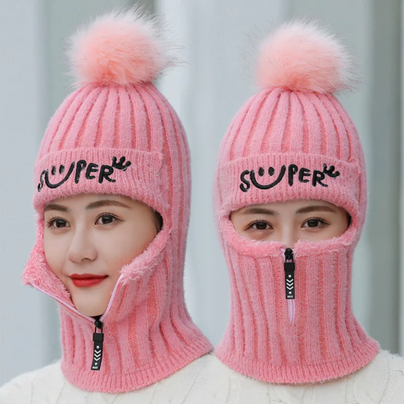 Женская Вязаная Шерстяная Шапка на молнии теплая зимняя шапка в Корейском стиле