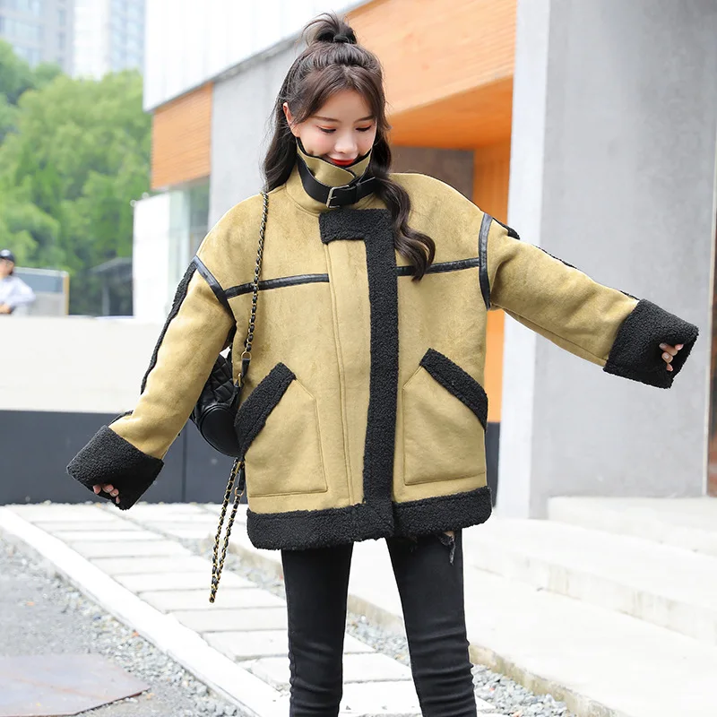 

Winter Lambswool Jacket Suede Coat Women Warm Patchwork Parka Ladies Lamb Velvet Faux PU Overcoat Womens Locomotive Bomber Coats