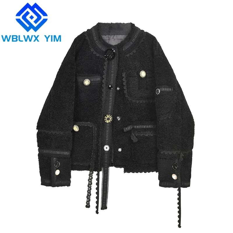 

Faux Lamb Fur Jacket Women Beaded Single Breasted Fashion Lapel Short Chic Coat Thick Warm Overcoat Winter Faux Fur Coat Female
