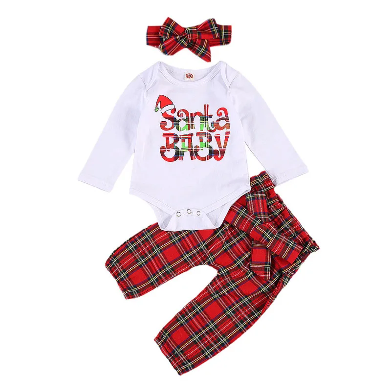 

Newborn Baby Girl Christmas Clothing Set Long Sleeve Printed Letter Romper Top Plaid Pant Headband 3Pcs Set For Santa Baby 0-24M
