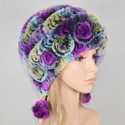 colorful 5 Россия хорошая эластичная вязаная шапка из меха кролика Рекс женская зимняя Настоящий мех кролика шапка натуральная меховая шапка оптом и в розницу - Цвет: colorful 5