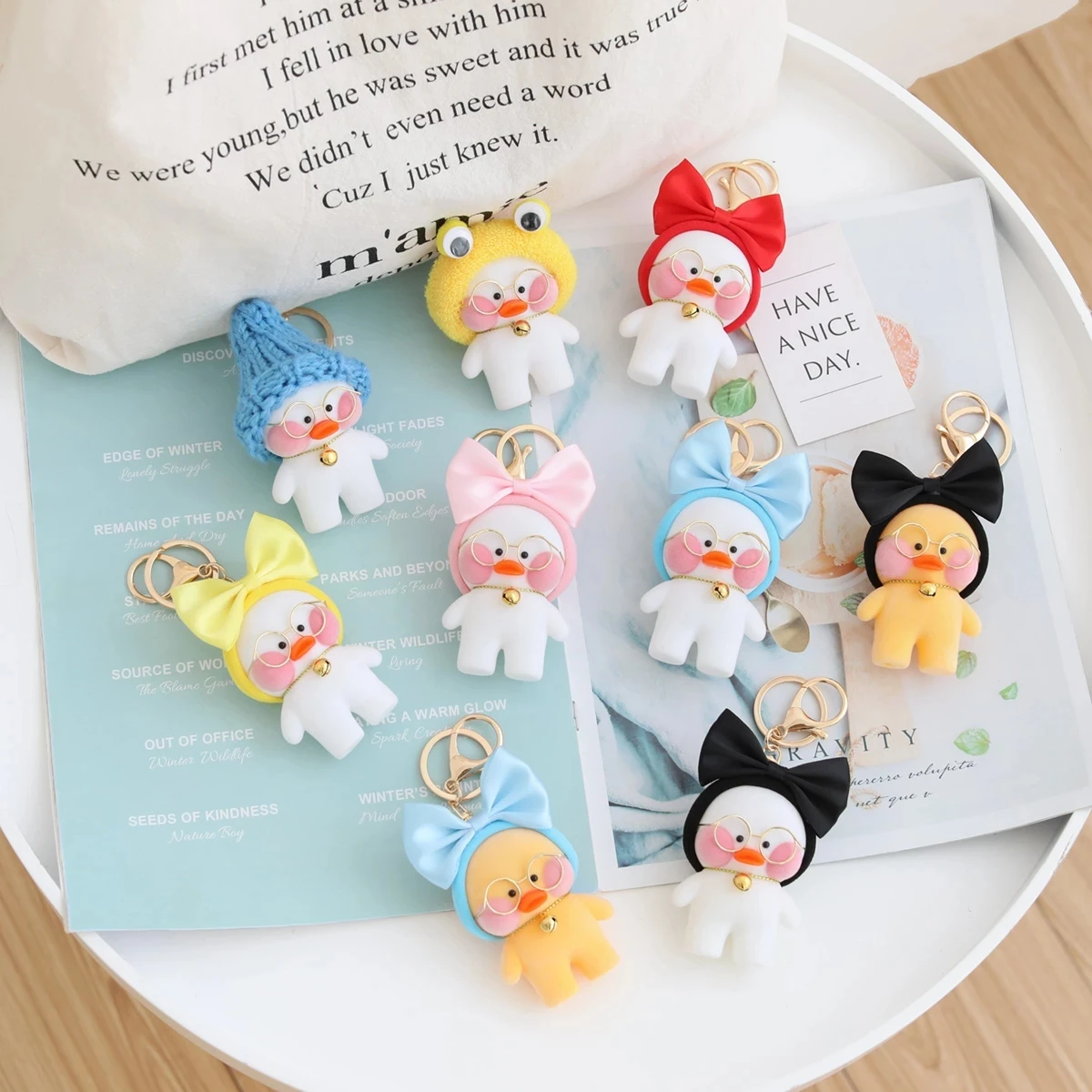 

Super Cute Lalafanfan Cute Duck Keychain Kawaii Cafe Mimi Yellow Duck Action Figure Keyring Bags Decoration Toys For Kids Gifts