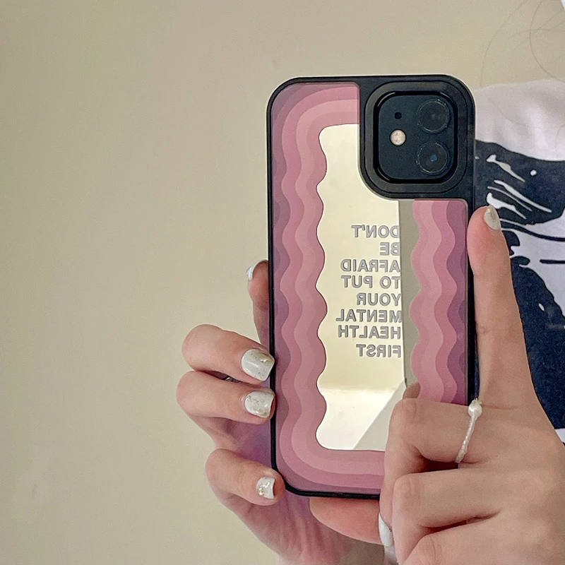 

RYWER Korea Wave Pattern Makeup Mirror Phone Case For iPhone 11 12 Pro Max X XS XR 7 8 Plus SE 2 Frame girl gift Soft silicone