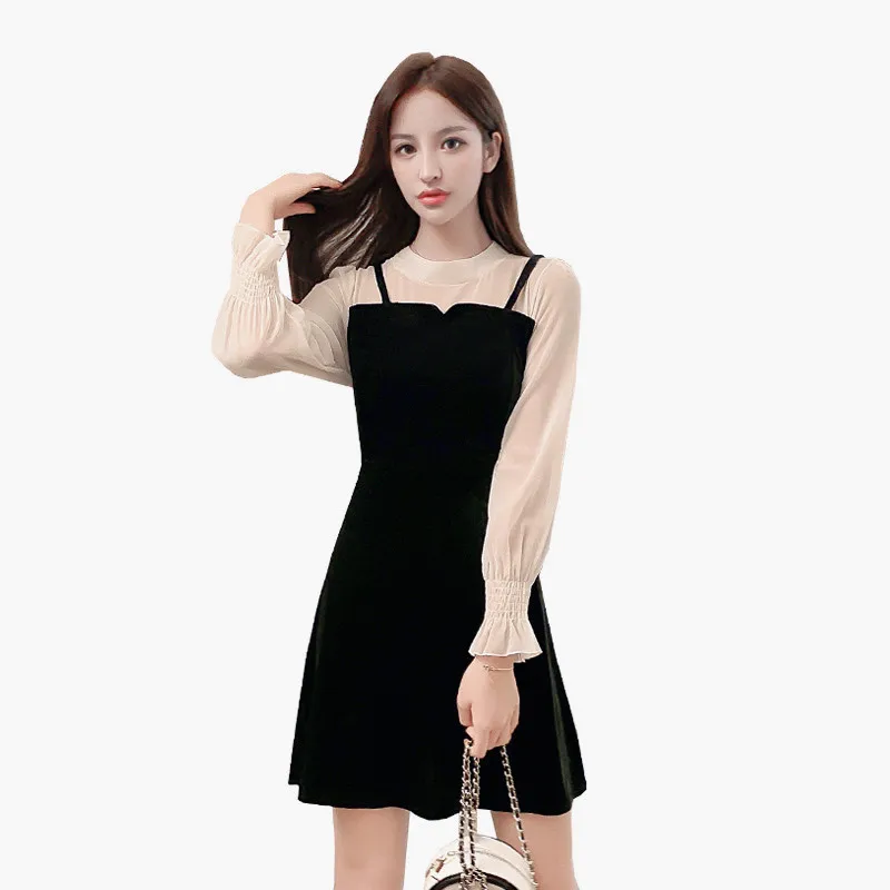 

Fake Two-Piece Dress for Women Spring 2021 New Small Chiffon Patchwork Corduroy Waist Trimming Slimming Skirt