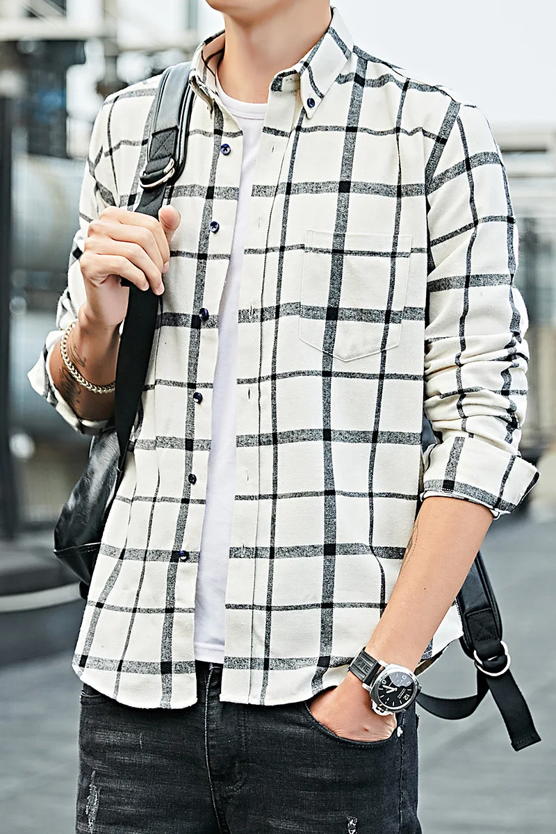 

Men Clothing 2021 New Men's Plaid Shirt Long-sleeved Korean Slim Shirt All-match Youth Shirt Trend Camisas Para Hombre