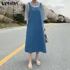 Праздничный джинсовый комбинезон 2021 VONDA, женские длинные платья без рукавов в японском стиле, повседневный Однотонный сарафан, платья