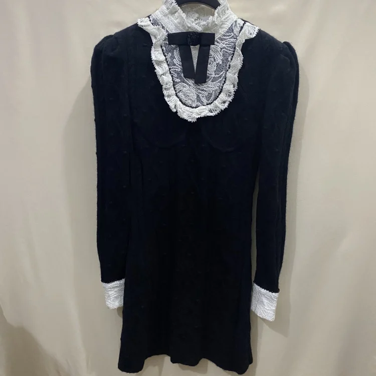 

Ladies Elegant Office Dress 2021 Korean Fashion Bow Long Sleeve Lace Patchwork Knitted Sweater Dresses for Women Vestidos