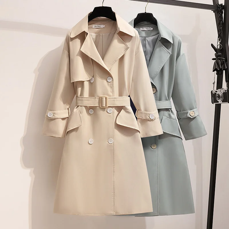 

High Quality New Autumn Winter Women Turn-down Collar Double Breasted Trench Office Lady Solid Long Trench With Belt Outwear