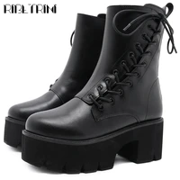 ribetrini new design great quality chic square heels skidproof platform cross tied shoelaces motorcycles boot shoes boots women