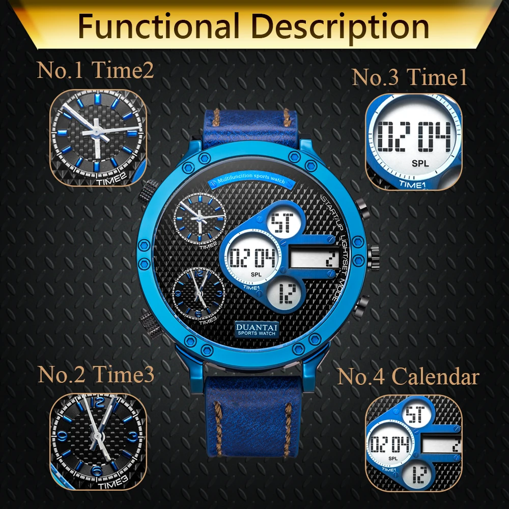 Мужские спортивные часы DUANTAI черные кварцевые с кожаным ремешком 2019|Кварцевые