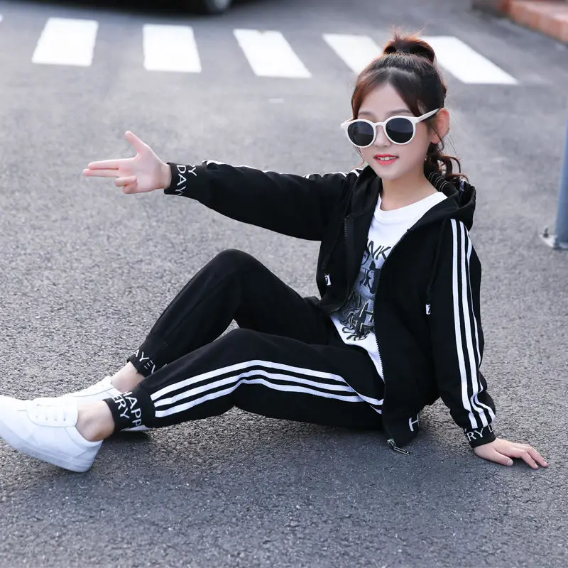 Fashion Big Girls Sports Suits stripe pink and Black Clothing Set for Teenage Autumn Tracksuit Kids Plus Size Sportswear 8 10 12 |