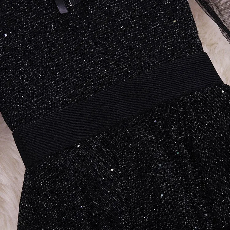 2019 autumn winter new women O-neck gauze bubble sleeve waist ruffles bright silk ball gown dress female elegant tiered dresses |