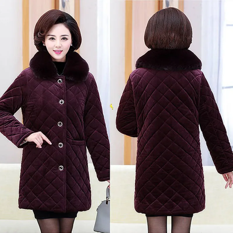 

Middle Old Women's Winter Coat Jacket Basic Cotton Overcoat Mid-Long Large Size 5XL Loose Parkas Outerwear Parkas Mother Dress