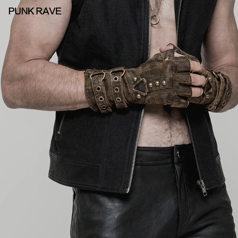 Мужские перчатки без пальцев PUNK RAVR неэластичные в стиле стимпанк из