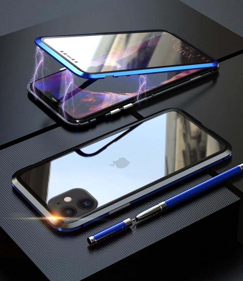 Магнитный металлический 360 чехол для iPhone 11 7 8 Plus X 10 XS Max прозрачный стеклянный чехол для iPhone11 Pro Чехол алюминиевый бампер