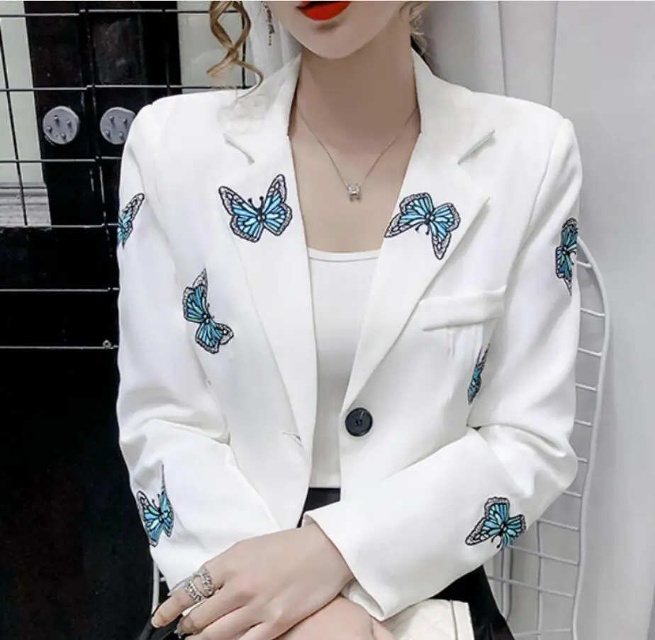 

2020 Autumn new fashion blue butterfly embroidery decoration loose suit jacket women blazers s29