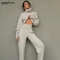 2021 autumn new womens turtleneck knitted sweater set elegant long sleeve pullover elastic pants 2 piece casual womens suit