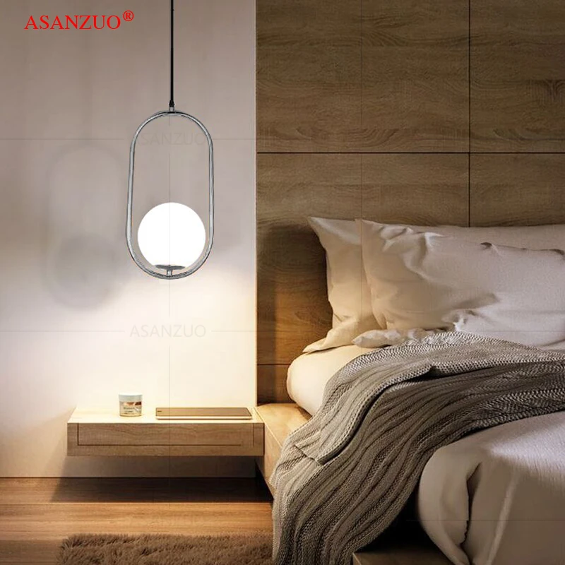 

A Nordic LED Glass ball pendant lights Black Silver Gold Brass metal bedside lamp simple bar dining room hanging lamp fixture