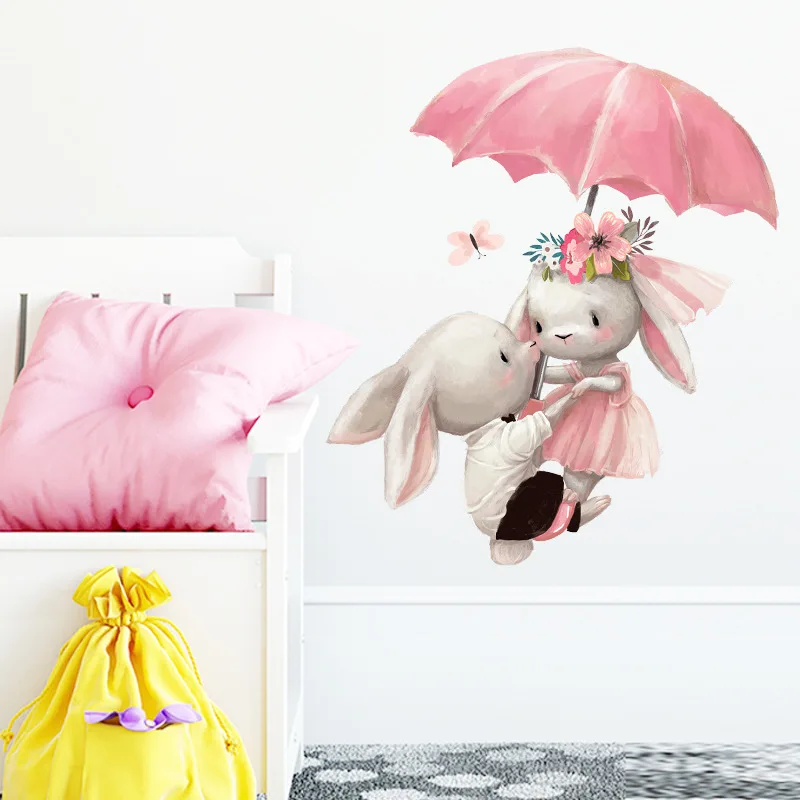 

Couple Bunny Under Umbrella Wall Sticker Kids Room Home Decoration Wallpaper Living Room Bedroom Removable Mural Rabbit Stickers